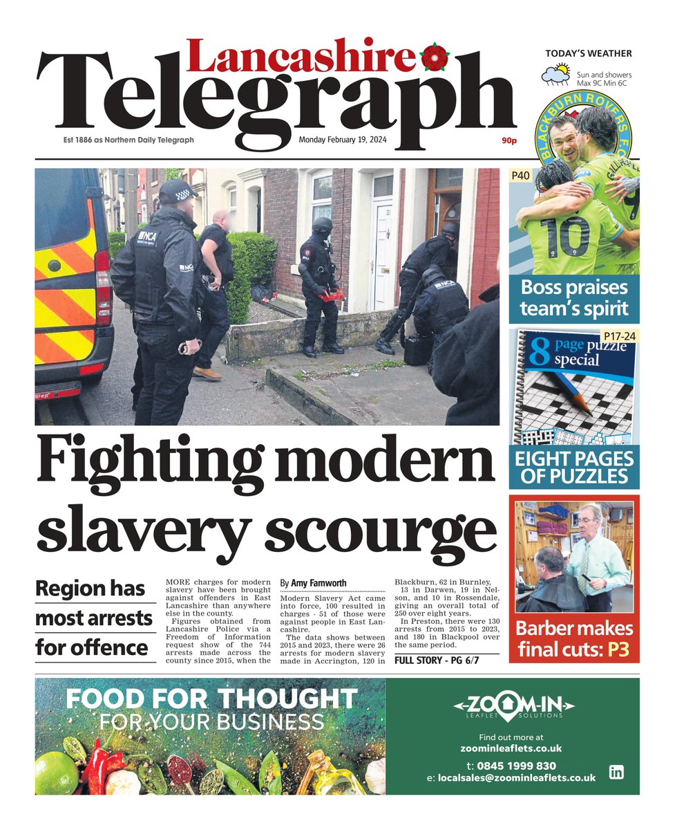 Front page of Monday's @LancsTelegraph📰 Fighting modern slavery scourge #Lancashire #EastLancashire #LancashireNews #Newsquest #LocalNews #BuyAPaper #LocalNewsMatters #Rovers #Blackburn #BurnleyFC #Burnley #Preston