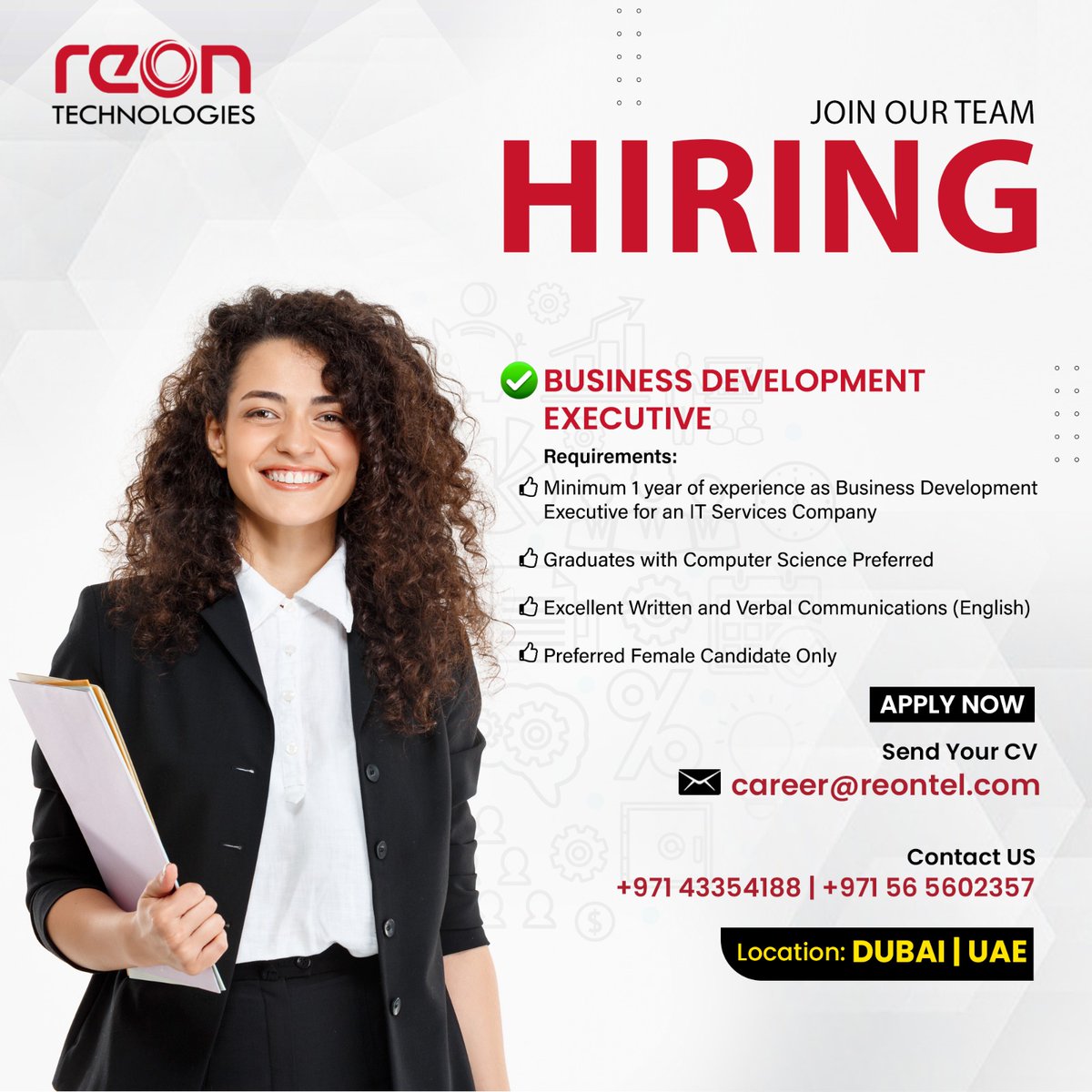 Hiring Business Development Executive
🟢Experience - 1 Year

Send Your CV,
📩: career@reontel.com

📲: +971 43354188

#sales #salesexecutive #SalesExecutiveJobs #businessdevelopmentexecutive  #CareerOpportunities #hiring #wearehiring #hiringsalesexecutive #ApplyNow #uae #dubai