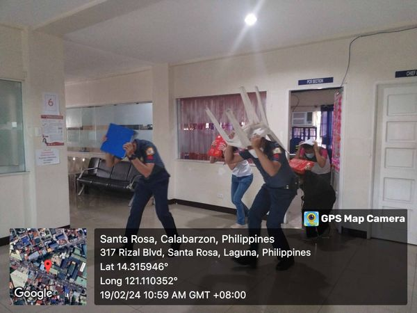 Starosa_Police's tweet photo. On February 19, 2024 at about 10:59 AM personnel of Santa Rosa City Police Station under the supervision of PLTCOL DWIGHT F FONTE JR, ACOP conducted Earthquake drill at Santa Rosa Component City Police Station Brgy. Tagapo, Santa Rosa City, Laguna. https://t.co/UCuGGVtoPZ