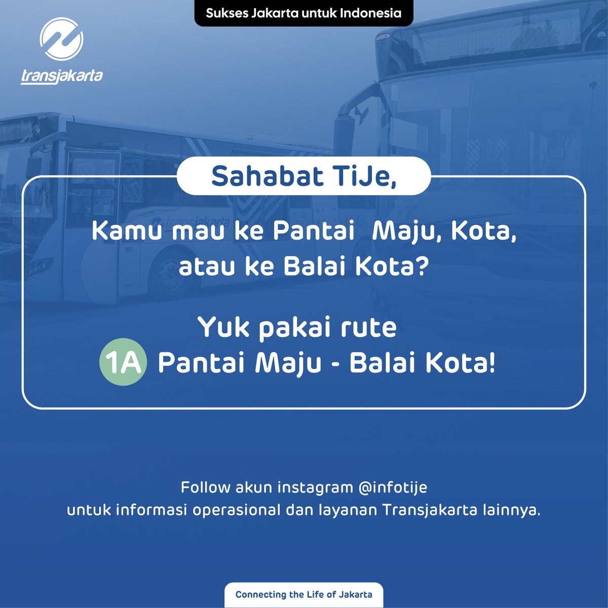 Untuk meningkatkan kualitas layanan, sahabat TiJe yang ingin ke Pantai Maju, Kota, ataupun Balai Kota dapat menggunakan rute 1A: Pantai Maju - Balai Kota. 

Jumlah bus yang melayani rute ini juga ditambah loh!