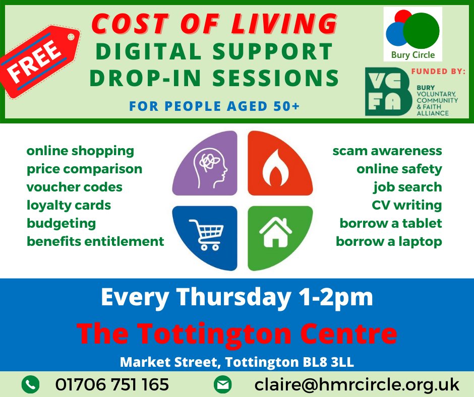 older_team's tweet image. Bury Circle are also offering cost of living drop in sessions at the Tottington Centre every Thursday 1 - 2pm, covering subjects such as CV writing, benefit entitlement and budgeting