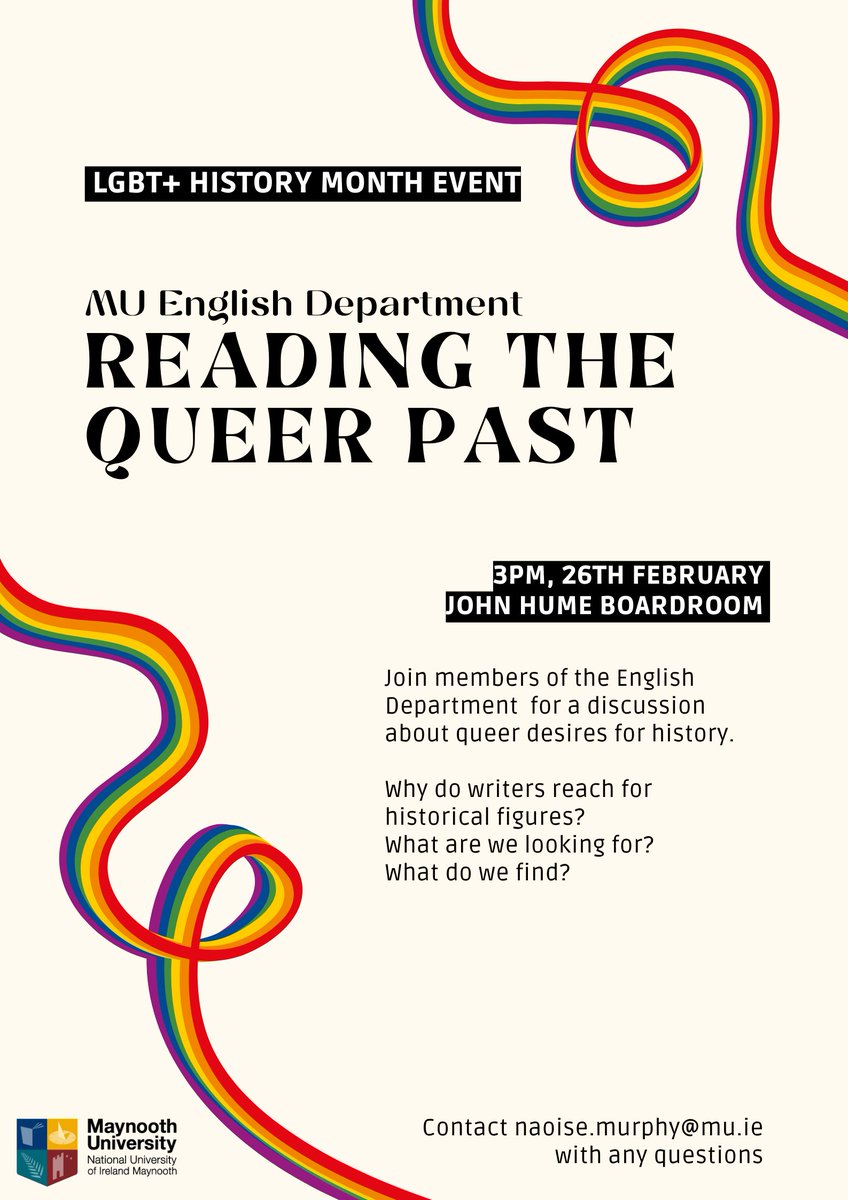 Join us next Monday, 26th Feb, for a chat about queer history (and our feelings) @MaynoothEnglish #LGBTHM