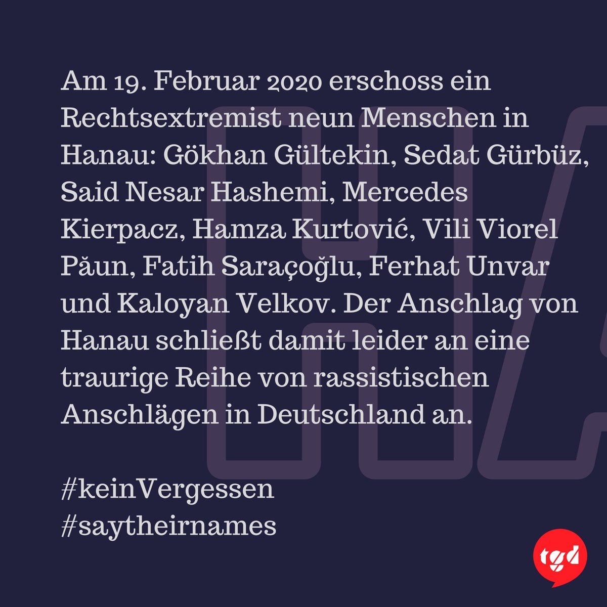 Kaum zu glauben, dass der rechtsterroristische Anschlag von #Hanau schon vier Jahre her ist. Kaum zu glauben, weil die Forderungen der Angehörigen immer noch dieselben sind: Aufklärung, strukturelle Veränderung, Gerechtigkeit. Für jeden kleinen Schritt in diese Richtung (1/2)