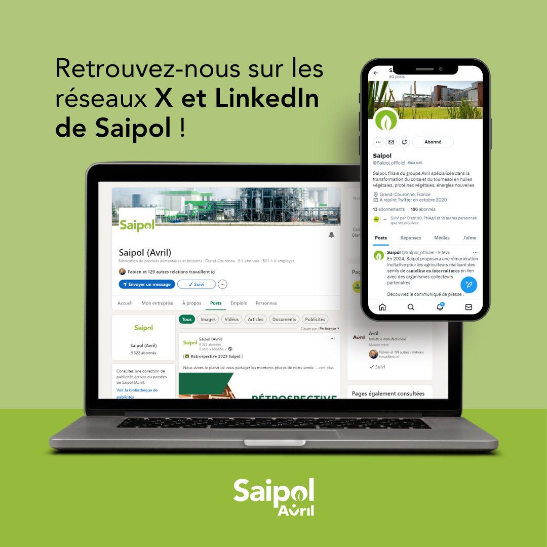 Chère communauté, 
Retrouvez dès à présent nos contenus concernant #OleoZE et #Feedmarket sur les pages Linkedin et X de #Saipol, ainsi que de nouveaux contenus dédiés à l’amont agricole. A très vite 😊
➡ LinkedIn : linkedin.com/company/saipol
➡ X : @saipol_officiel