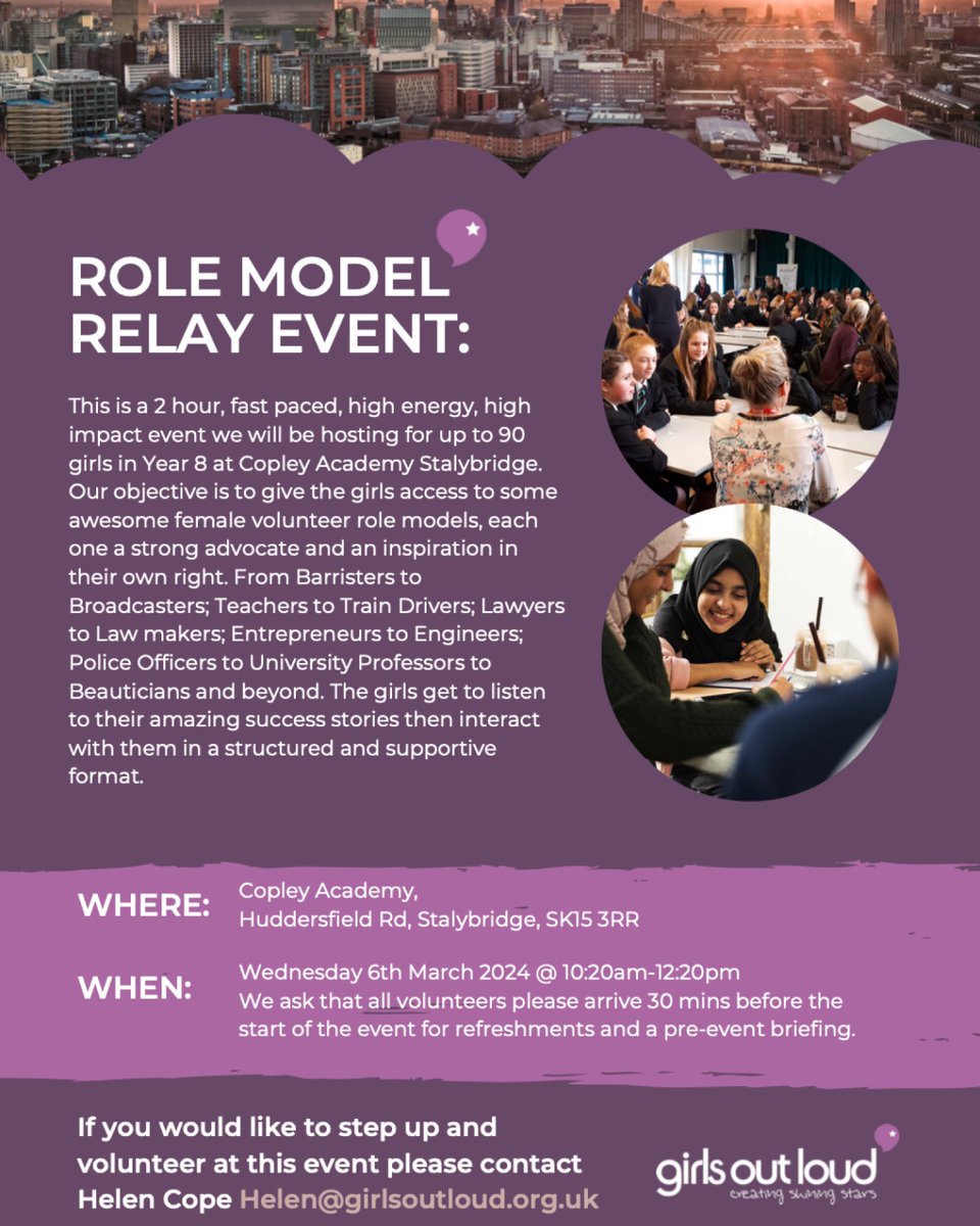 We are recruiting role models for a new school in Manchester ✨ We’ll be running a 2 hour Role Model Relay event at Copley Academy in Stalybridge NEXT MONTH! If you have the time to inspire a room full of year 8 girls in a speed-mentoring event, please get in touch 💜