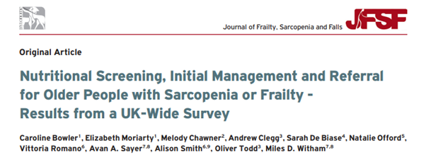 Nice to see the results from our national survey of nutrition screening and management for sarcopenia and frailty now published via @jfsf_journal - collaborative work between @gerisoc Sarcopenia and Frailty SiG, @AGILECSP and @BDA_olderpeople jfsf.eu/accepted/JFSF-…