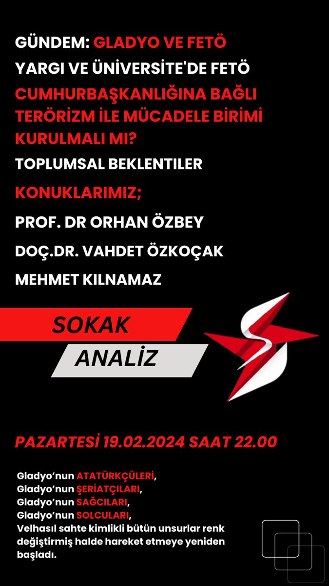 PAZARTESİ 19.02.2024 SAAT 22.00'de #SpacesHost yayınımızda Değerli Konuklarımız:

@OrhanOzbey23 
@VahdetOzkocak 
@Turk0638 ile 

GÜNDEM Konularımız:

◾️GLADYO ve FETÖ 
◾️YARGI ve ÜNİVERSİTE'de FETÖ 
◾️CUMHURBAŞKANLIĞINA BAĞLI TERÖRİZM ile MÜCADELE BİRİMİ KURULMALI MI?
◾️DANIŞTAY