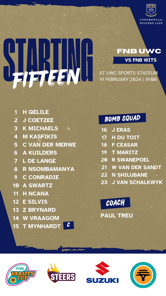 𝗧𝗲𝗮𝗺 𝗔𝗻𝗻𝗼𝘂𝗻𝗰𝗲𝗺𝗲𝗻𝘁 📋

Our powerhouse team facing <a href="/WitsRugby/">Wits Rugby Club</a> at the Operation Room tonight in round 1️⃣ of <a href="/varsitycup/">Varsity Cup</a> 2024 👊

Kick-off is at 19:00 🏉

#UWCRugby | #RugbyThatRocks