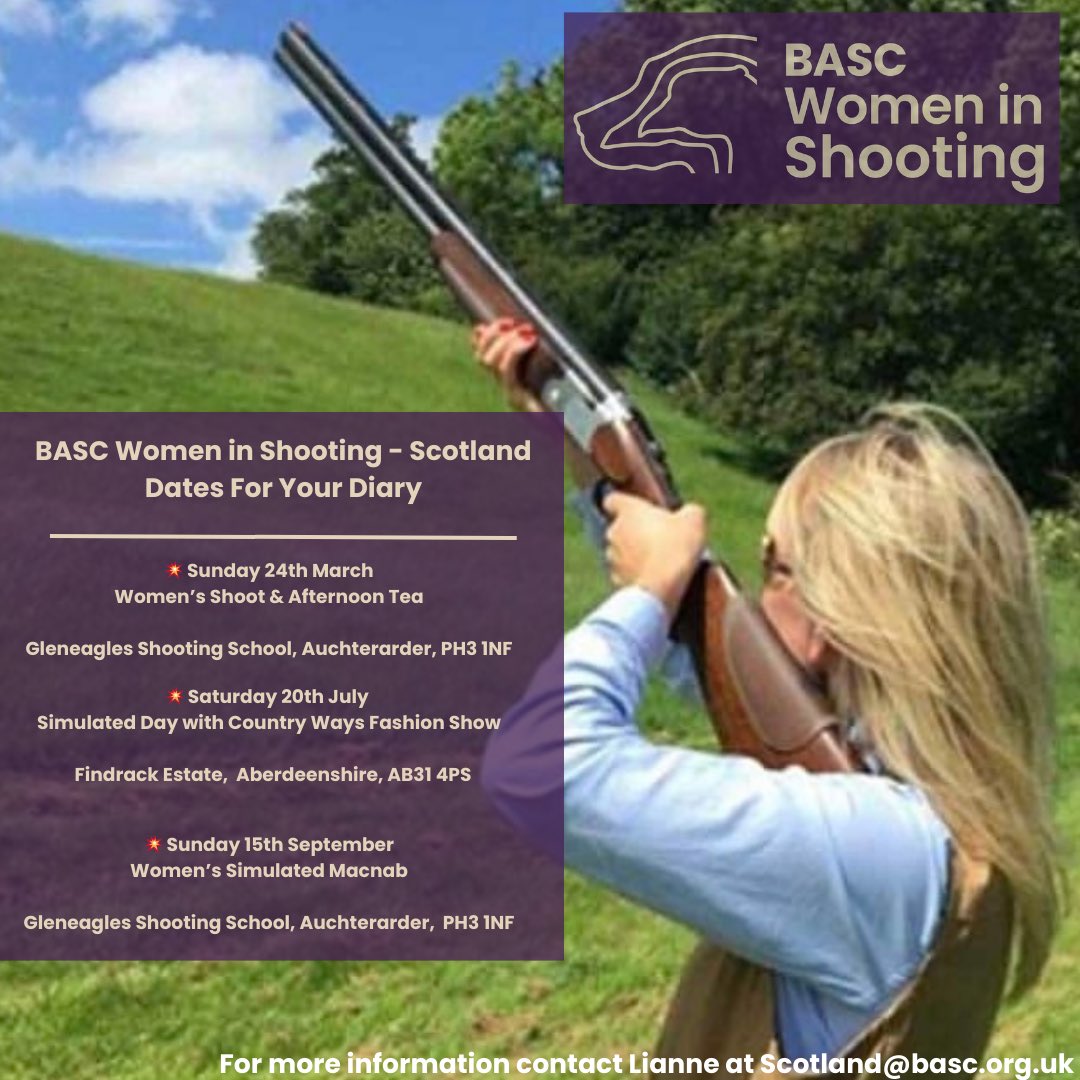 BASCScotland's tweet photo. 🗓️ Dates For Your Diary - BASC Women in Shooting 

💥 Sunday 24th March, Gleneagles Shooting School

💥 Saturday 20th July, Findrack Estate

💥 Sunday 15th September, Gleneagles Shooting School

For more information email: Scotland@basc.org.uk

#WomenInShooting #BASCScotland https://t.co/l2inWYAtx1