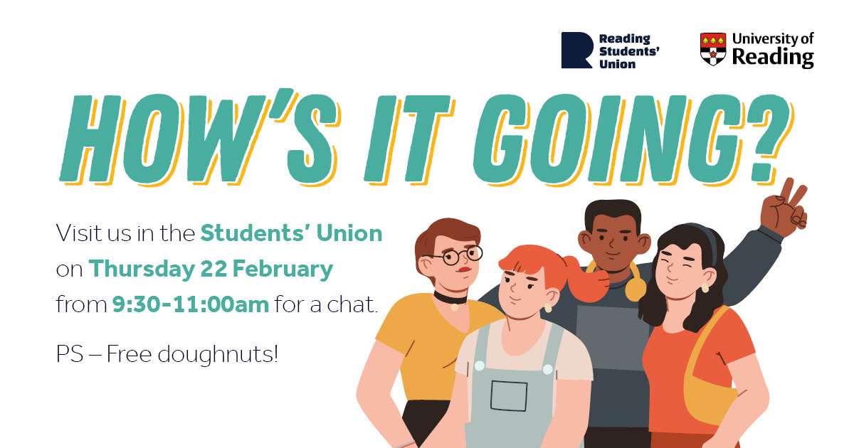 UoR Student (@unirdg_student) on Twitter photo Visit us in the Students' Union on Thursday 22 February from 09:30 -11:00am for a chat with your Pro-Vice Chancellors for Education, and let us know how it's going. 
We will be giving free  doughnuts to the first 50 students who visit the stand and complete our short survey! 🍩 Visit us in the Students' Union on Thursday 22 February from 09:30 -11:00am for a chat with your Pro-Vice Chancellors for Education, and let us know how it's going. 
We will be giving free  doughnuts to the first 50 students who visit the stand and complete our short survey! 🍩