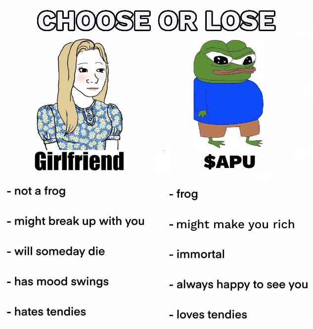 TheAPUApustaja's tweet photo. Choose wisely $APU https://t.co/8G84s4HstH
