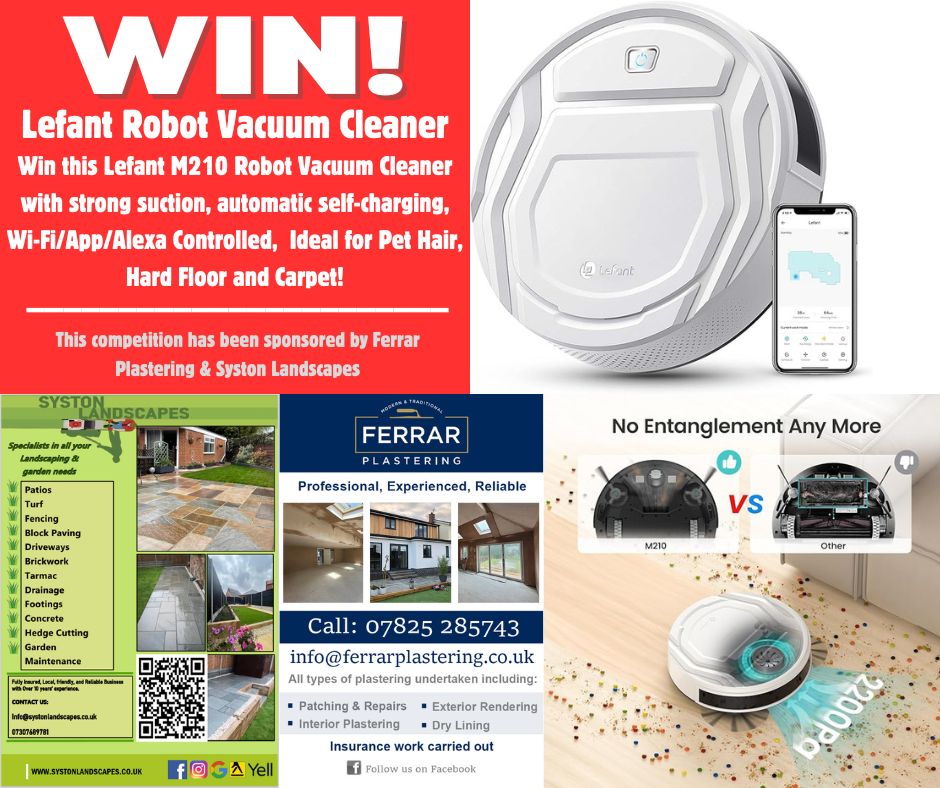 Win a Robot Vacuum Cleaner
Entry: LIKE, RETWEET, Comment YES
Draw: 23/2/24
WINNER MUST CALL OFFICES TO CLAIM
Sponsors: Syston Landscapes / Ferrar Plastering 

Winner will need to provide photo with prize for confirmation to sponsors.
GOOD LUCK!

#competition #giveaway #freegift