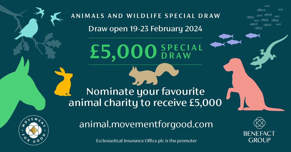 benefactgroup's tweet photo. 🌟 The first special draw of 2024 is underway 🌟

Nominate an animal &amp; wildlife charity in the #movementforgood programme between now and the 23rd of February and they could be awarded £5,000!

Nominate today: https://t.co/D167lOoyGJ https://t.co/0svy28TSh4