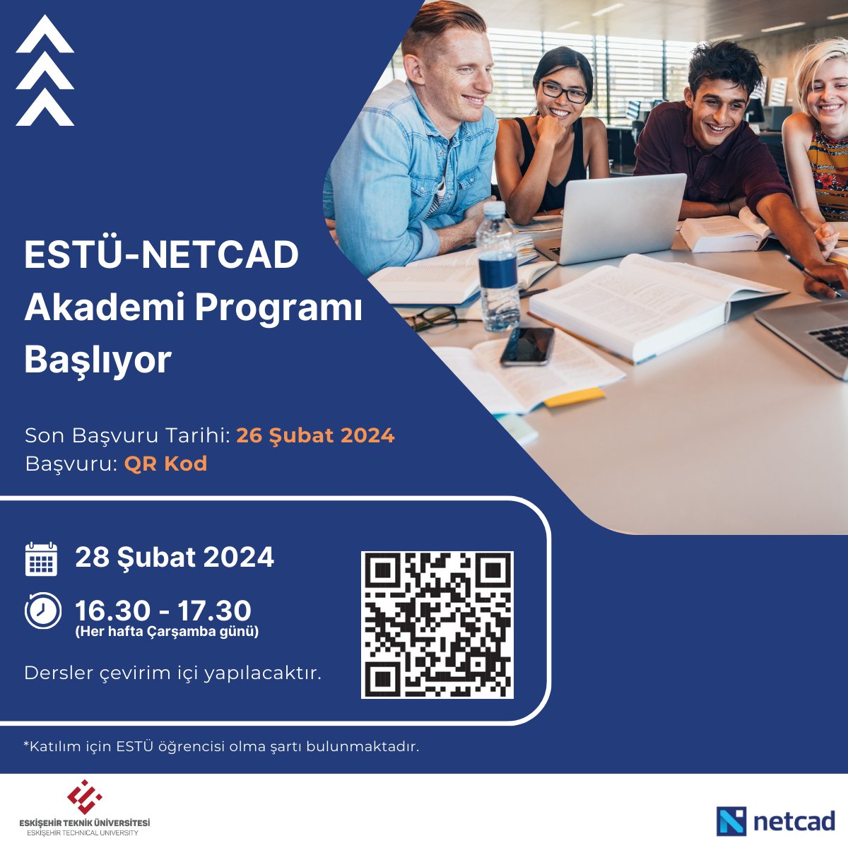 🔊ESTÜ-NETCAD Akademi 2023-2024 Akademik yılı Bahar Dönemi başvuruları başladı. 🖱️ Son Başvuru: 26 Şubat 2024 Saat: 17.00 Katılım için ESTÜ öğrencisi olma şartı bulunmaktadır. Detaylar için QR kodu okutabilirsiniz. #Netcad #EskişehirTeknikÜniversitesi #ESTÜ #üniversite