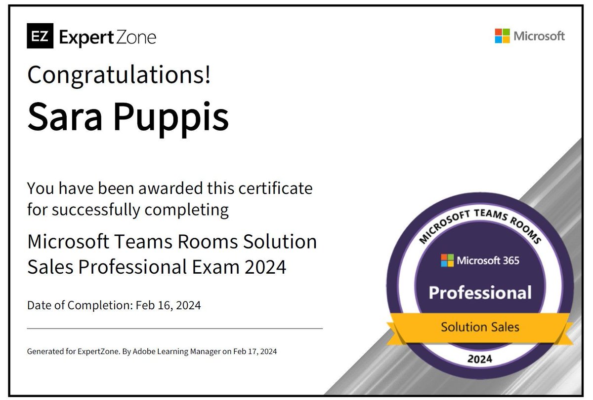 Just unlocked my Microsoft badge for Teams Rooms Solution Sales Professional 🤖
What an amazing way to end my week last Friday.
Ready for the next learning opportunity!! 📈 

#GrowthMindset #GoGetYourBadge #Microsoft #MicrosoftTeams #MicrosoftTeamsRooms