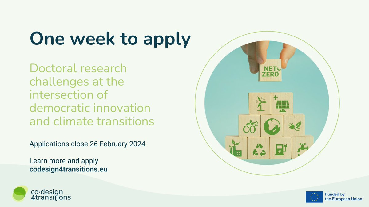 📢 Closing soon! One week left to apply for a #PhD in the #CoDesign4Transitions network! Don’t miss this unique opportunity to carry out original #design #research. Apply now 👉 codesign4transitions.eu

#CoD4T @MSCActions #HorizonEurope #MSCA #DoctoralNetworks #PhDJobs #codesign