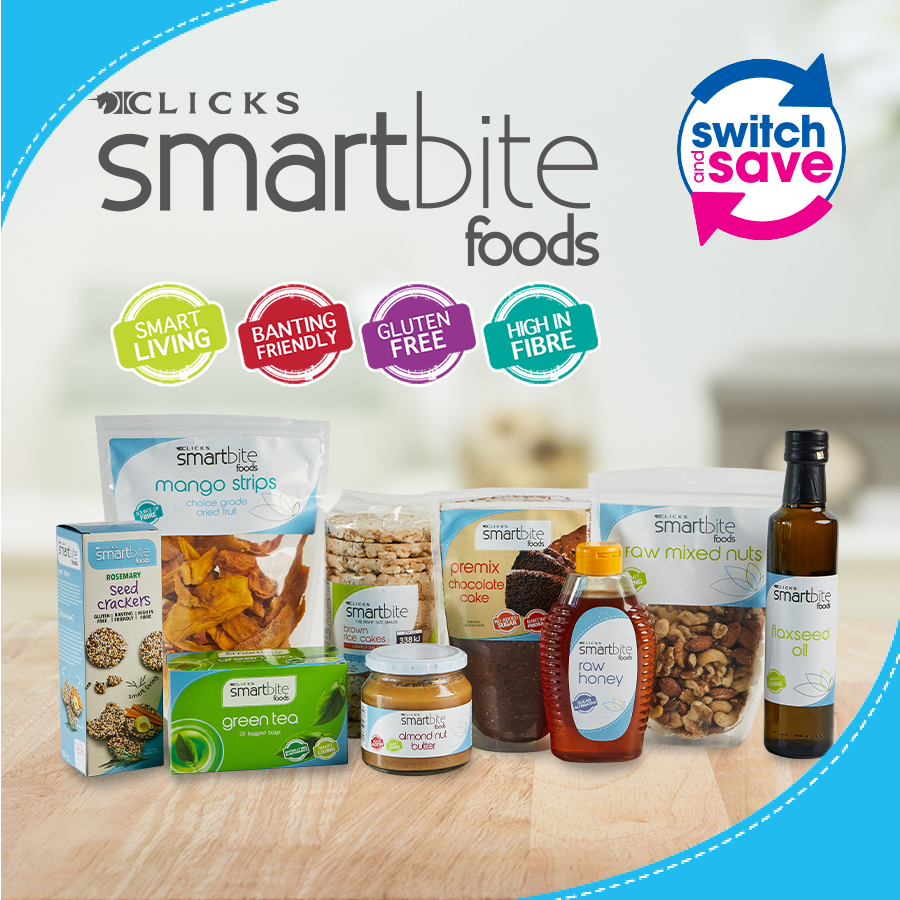 Clicks_SA's tweet photo. Make the SMART choice when you shop our variety of gluten free foods, raw foods, superfoods, snacks with less than 100 calories or no added sugar. 

💙 Our Smartbite range has it all! 💙

Available in store or online now. -> https://t.co/CHPh8r9cVE

#SmartBite #HealthyLifestyle https://t.co/JLjfICmRPD