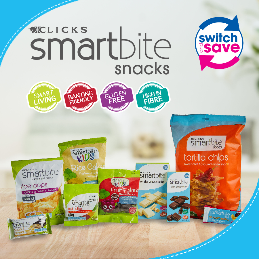 Clicks_SA's tweet photo. Make the SMART choice when you shop our variety of gluten free foods, raw foods, superfoods, snacks with less than 100 calories or no added sugar. 

💙 Our Smartbite range has it all! 💙

Available in store or online now. -> https://t.co/CHPh8r9cVE

#SmartBite #HealthyLifestyle https://t.co/JLjfICmRPD