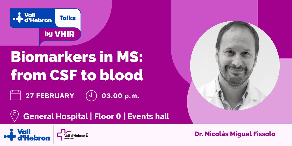 New #VallHebronTalks by #VHIR! Dr. Nicolás Fissolo, researcher at the Clinical Neuroimmunology group at #VHIR and <a href="/cemcat_em/">Cemcat</a>, will talk about the search for biomarkers in #multiplesclerosis in CSF and blood.

🗓️ 27/2 - 3 p.m
📍 <a href="/vallhebron/">Vall d'Hebron</a>

🔗 More info: vallhebron.social/talk-fissolo