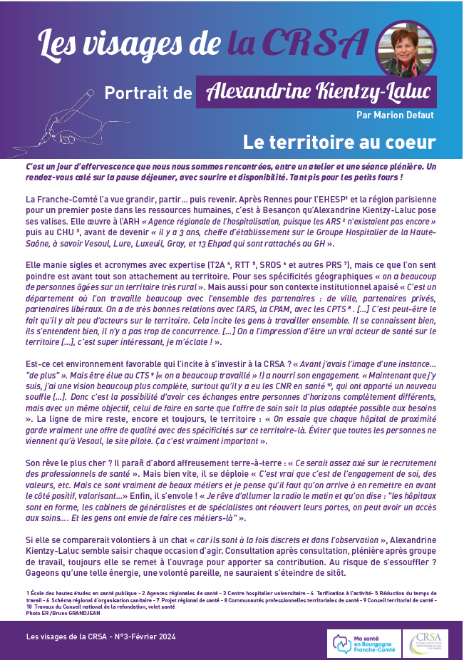 Imillot's tweet photo. 🪞Un nouveau visage de la #CRSA : portrait d’Alexandrine Kientzy-Laluc, directrice du GH #HauteSaône et Présidente du #CTS.
Sous le signe de l'ancrage territorial et de la mobilisation collective. #engagement #Vesoul #Lure #Luxeuil #Gray
@arsbfc @URIOPSS_BFC  @PromoSanteBFC https://t.co/0QfpqCOWFZ