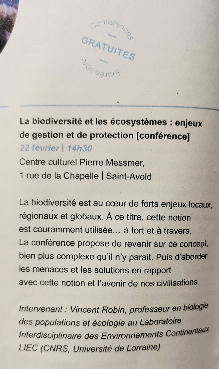 [Conférence] La biodiversité et les écosystèmes : enjeux de gestion et de protection 🌍📝

🗣️Vincent Robin (@vinc_robin) professeur en biologie des populations et écologie au LIEC
🗓️Jeudi 22 février
🕝14:30 
📍Centre culturel Pierre Messmer à Saint-Avold

Entrée libre et gratuite