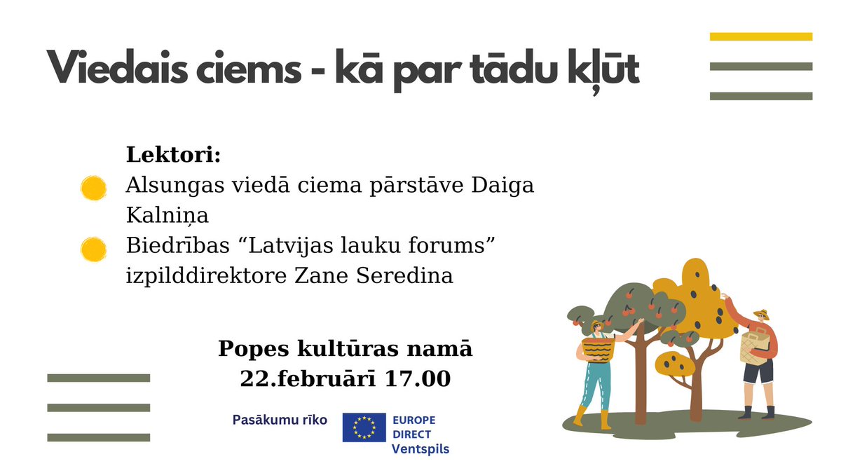 Biedrības “Alsungas viedais ciems” pārstāve Daiga Kalniņa dalīsies pieredzē viedā ciema idejas iedzīvināšanā Alsungā, savukārt biedrības “Latvijas Lauku forums” izpilddirektore Zane Seredina sniegs noderīgu informāciju par iespējām lauku teritoriju attīstībai.#viedieciemi