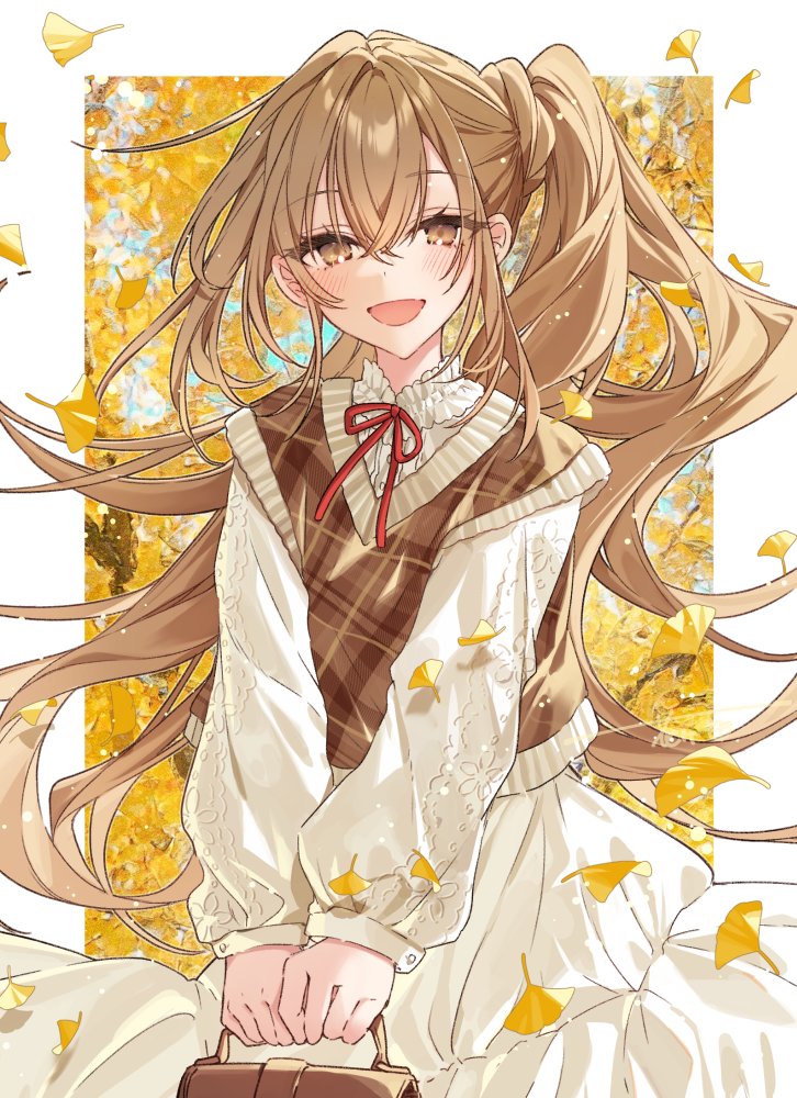 1girl solo long hair smile holding brown hair red ribbon  illustration images