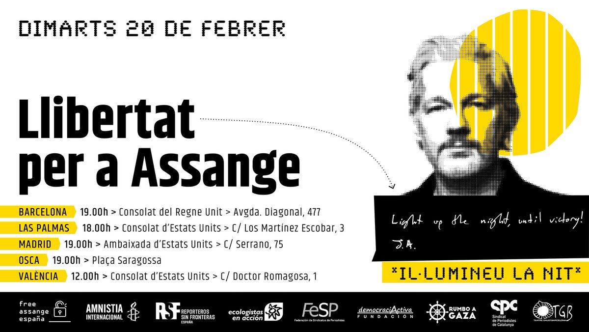 L'empresonament d'Assange és un atac a la llibertat d'expressió i criminalitza el periodisme. La seva situació pot empitjorar fins uns límits insostenibles si és extradit als EUA. Demà li donarem suport 👇#FreeAssangeNOW