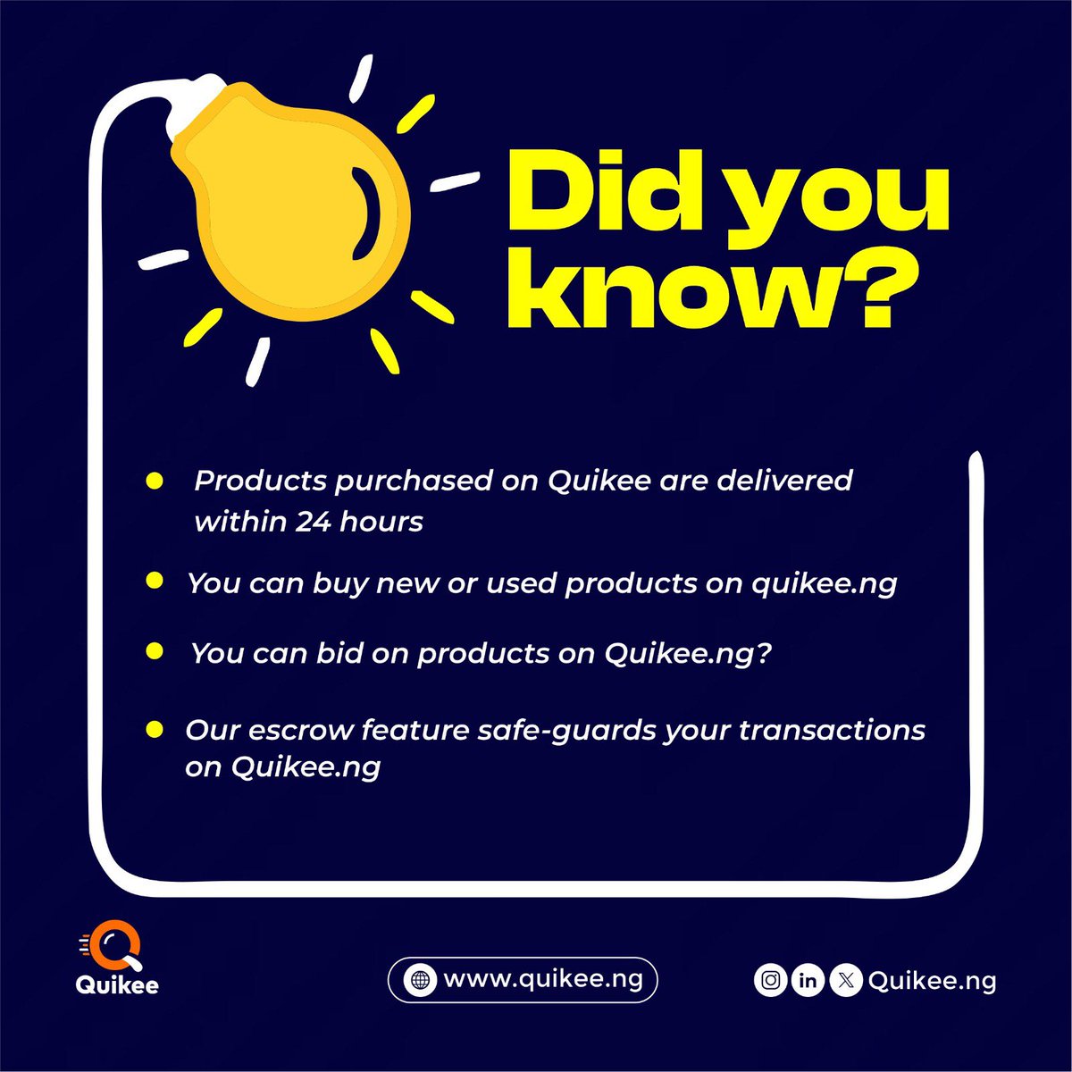 quikee_ng's tweet photo. FACTS about us:
👍🏼You can bargain products on https://t.co/POeEmCcsYj
👍🏼 We deliver within 24 hours
👍🏼 Your transactions are secured through our escrow service
Try us Today!
Happy New Week🎉
Japa | Layi | Redeem | #Teachours |Land of Bad | iphone 16 | Arsenal https://t.co/DGFI5JaskY