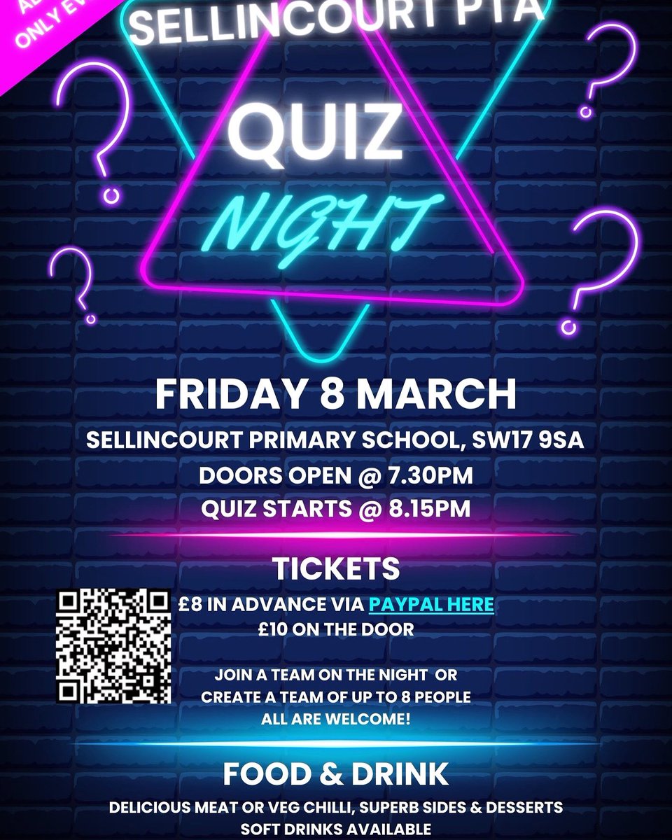 Come and test your knowledge against the local legend that is Gary the Quizmaster! Sellincourt PTA Quiz promises a great night of food, drinks, a raffle and lots of fun. Come solo, with friends or as a team of 8, everyone is welcome! 📚 🧠 

paypal.com/donate/?hosted…
