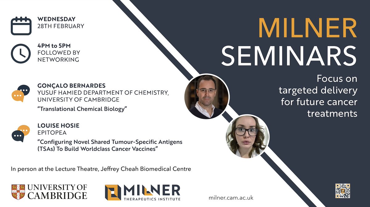 Milner Therapeutics Institute (@themilnerinst) on Twitter photo 📣 Milner Seminars: Focus on targeted delivery for future cancer treatments.
28th Feb at the Jeffrey Cheah Biomedical Centre, <a href="/CamBioCampus/">Cambridge Biomedical Campus</a>.
Don't miss Gonçalo Bernardes (<a href="/ChemCambridge/">Cambridge Chemistry</a>) & Louise Hosie (Epitopea). Talks will be followed by networking.
milner.cam.ac.uk/milner-seminar… 📣 Milner Seminars: Focus on targeted delivery for future cancer treatments.
28th Feb at the Jeffrey Cheah Biomedical Centre, <a href="/CamBioCampus/">Cambridge Biomedical Campus</a>.
Don't miss Gonçalo Bernardes (<a href="/ChemCambridge/">Cambridge Chemistry</a>) & Louise Hosie (Epitopea). Talks will be followed by networking.
milner.cam.ac.uk/milner-seminar…