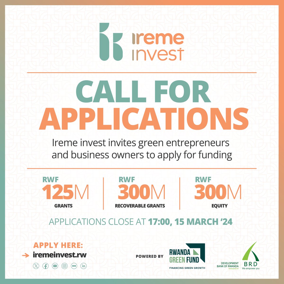 #IremeInvest is Open!

Are you a business owner with an environmental and climate solution?

Rwanda’s green investment facility is offering funding in form of grants, recoverable grants and equity.

🔗Apply today: iremeinvest.rw/apply/

#GreenRwanda 🇷🇼🌿| #InvestInRwanda