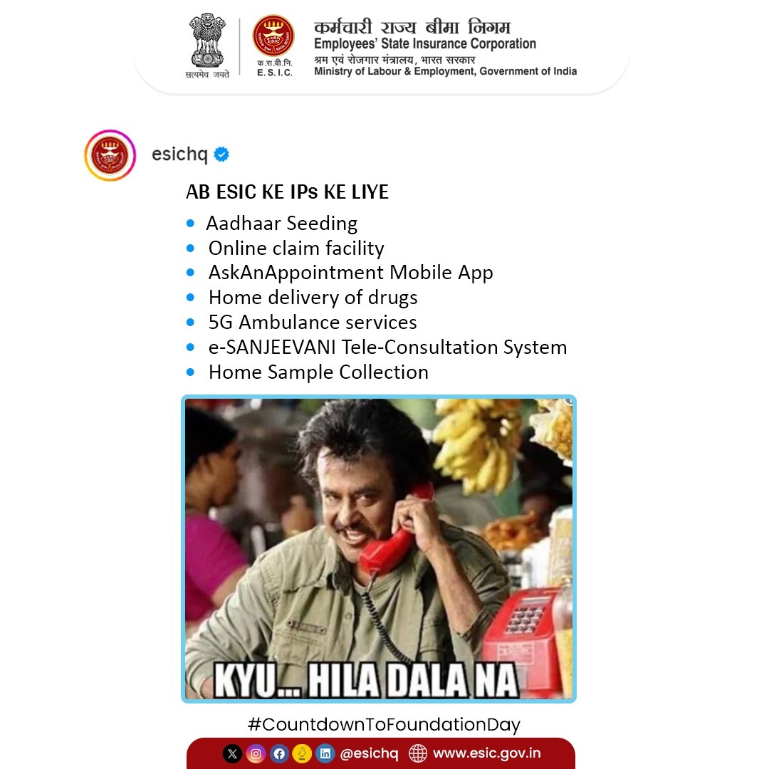 esichq's tweet image. ESIC is consistently dedicating its efforts towards providing comprehensive benefits and services for the welfare of eligible workers and their dependents. The introduction of services including Aadhaar Seeding, Online claim facility, 1/...

#ESICHq #TrendingMemes #MemeOftheWeek