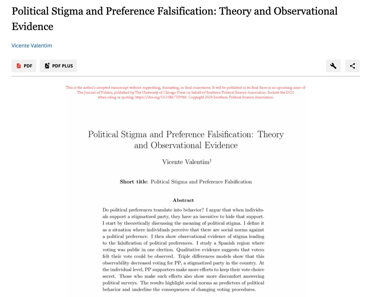 Happy to see this paper online @The_JOP. When they couldn't vote in private, Spanish citizens voted less for PP because there is a stigma against the party (i.e., there is a social norm against supporting it). journals.uchicago.edu/doi/10.1086/72…