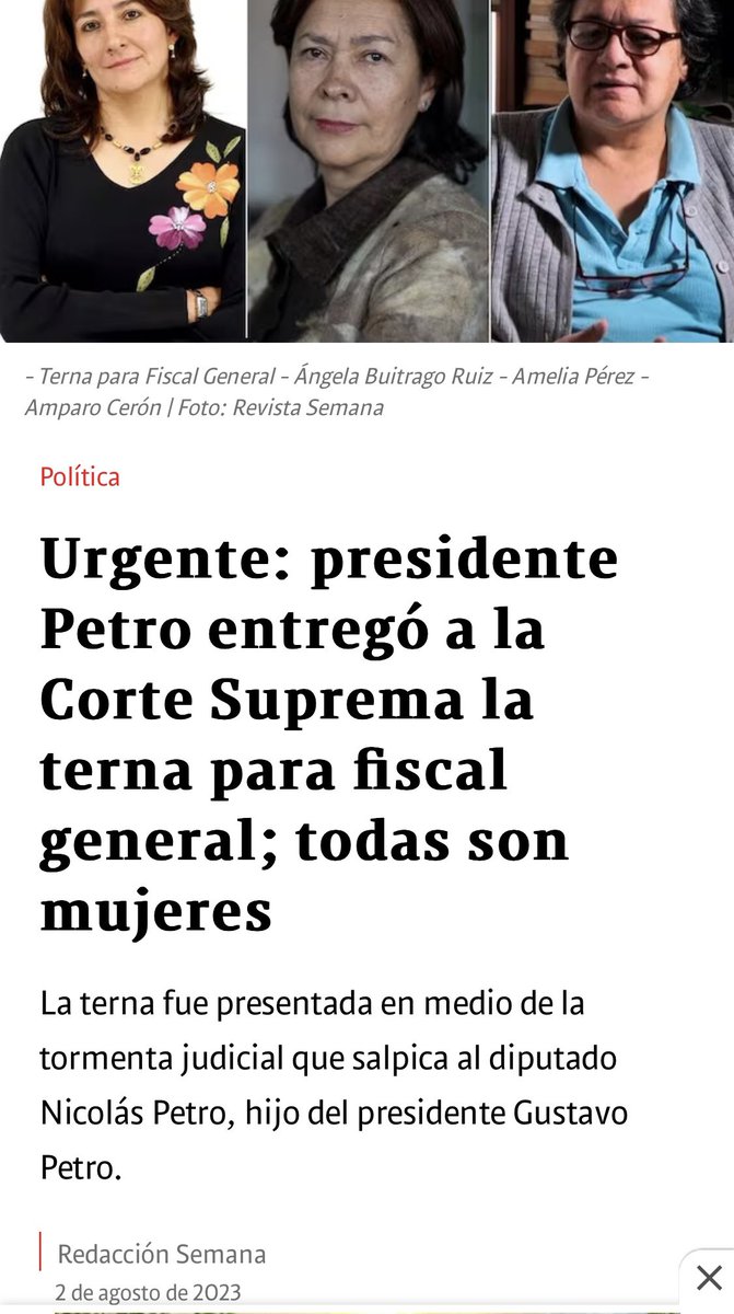 VickyDavilaH's tweet photo. El 2 de agosto de 2023 Petro presentó la terna ante la Corte Suprema de Justicia para elegir fiscal general, 7 meses antes de que Francisco Barbosa terminara su periodo. Ese día, Nicolás Petro, hijo del primer mandatario, estaba detenido en el búnker, bajo cargos de enriquecimiento ilícito y lavado de activos. 

Nicolás acepta colaborar con la justicia y confiesa todo lo que, dice, sabe sobre su papá, la campaña, la gente del círculo más cercano al candidato e incluso, se autoincrimina. 

El 21 de agosto su papá lo visita en Barranquilla. 

Esa semana el hijo del presidente empieza a inclumplir sus compromisos con la Fiscalía y no tarda en cambiar de abogado.

El 25 de septiembre anuncia que no colaborará más con la justicia, se va contra la Fiscalía y habla de supuestas presiones. 

El 26 de septiembre su papá cambia la terna. 

¿Todo fue coincidencia? Más claro imposible. 

Miren las fechas de las fotos 👇