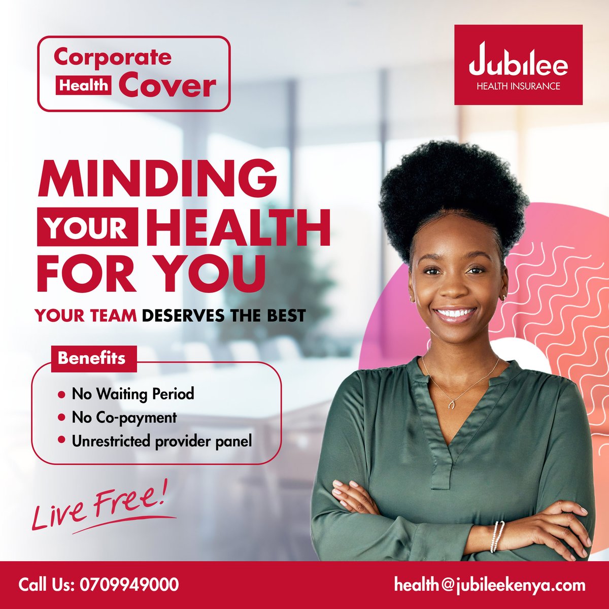 Elevate your team's health and well-being with our unmatched Corporate Health Cover and let them enjoy;

✅ Comprehensive health cover.
✅ Annual general Checkups.
✅ Workplace wellness programs.

#JubileeHealth #CorporateWellness
