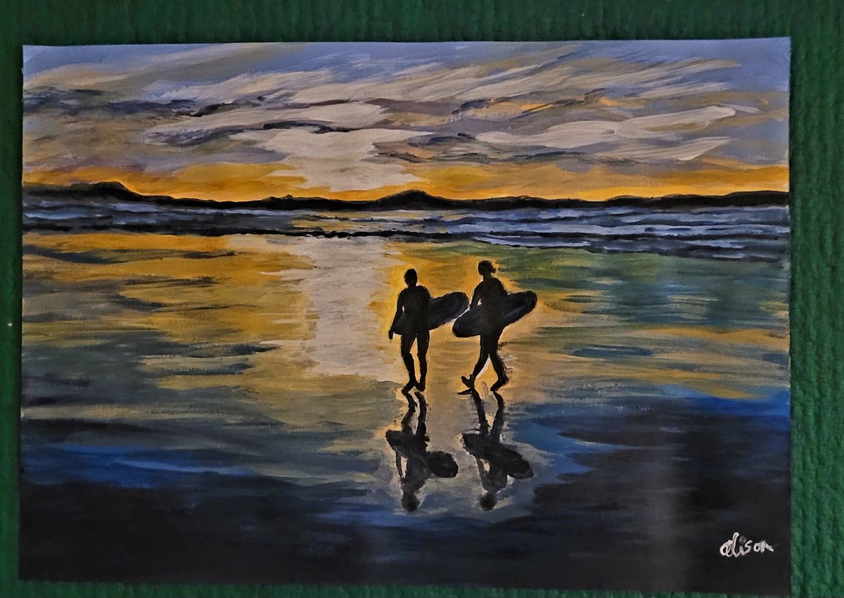 #seascape #acrylicpainting #surfers #sunset #art 🏄‍♂️ 🌊 🏄‍♀️ 🖼🎨😊 A bit different for me as I don't generally like putting figures in my seascapes/landscapes. Kept me busy yesterday 😛