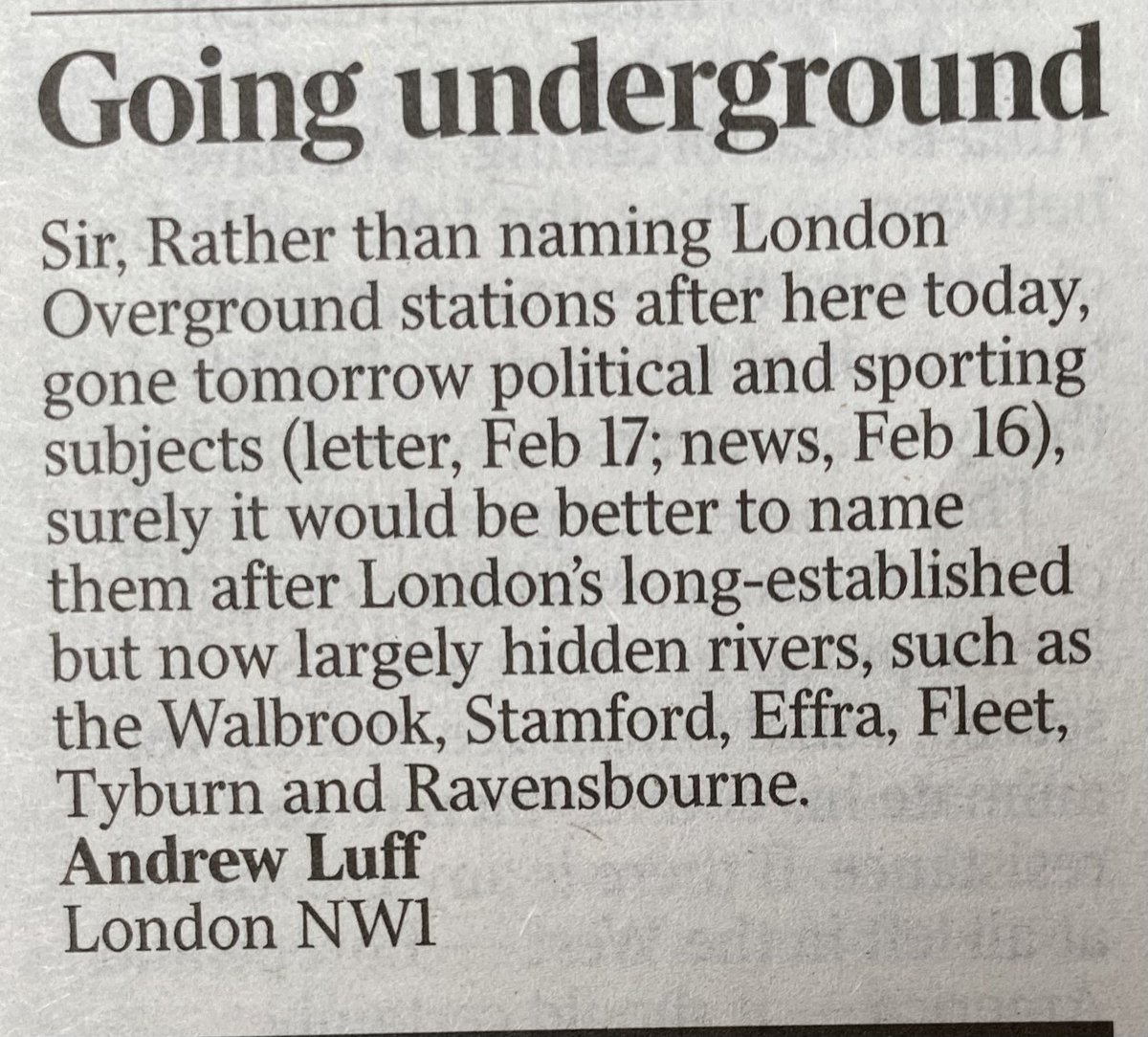 London overground lines, being renamed by @MayorofLondon. A Letter in today’s @thetimes, which has quite a lot of merit.