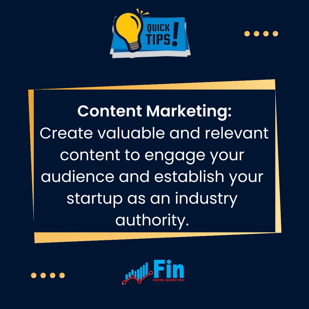 "Here's your dose of marketing wisdom:

Content is king! 📝 Engage your audience and establish your #startup as an industry authority with valuable and relevant content.

#ContentMarketing #MondayMotivation