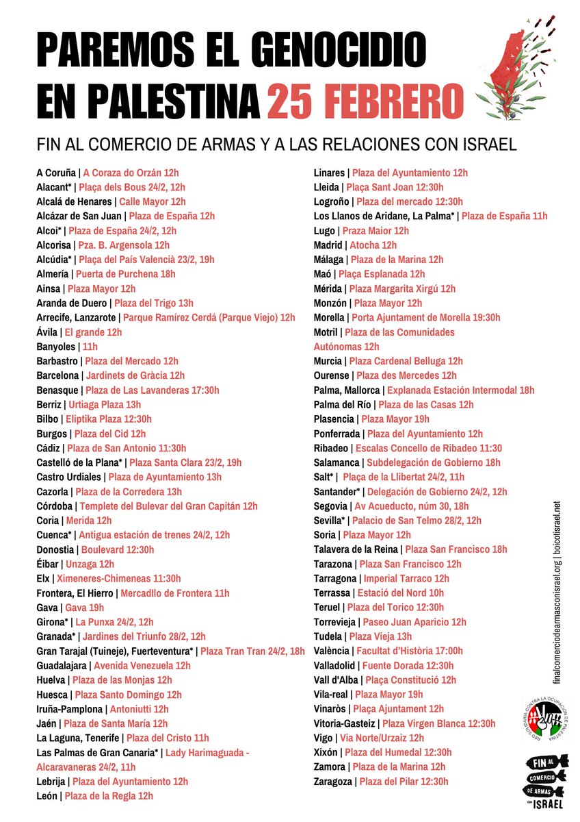 🇵🇸El 25F salimos en 85 municipios del territorio contra el genocidio en Palestina.

🔥Indignadas y con rabia exigimos al Gobierno de España que deje de mentir y cese la compraventa de armas.

✊🏾¡Viva la lucha del pueblo palestino!

#ConPalestina25F