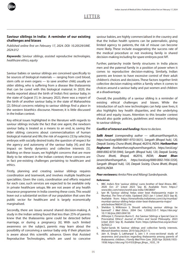 Our new article @SangathBhopal @SangathIndia published as Letter to the Editor in @IndJMedEthics led by @SalikAnsari1993 & co-authored by @drharikeerthan & me Saviour siblings in India: A reminder of our existing challenges and biases #bioethics #India ijme.in/articles/savio…