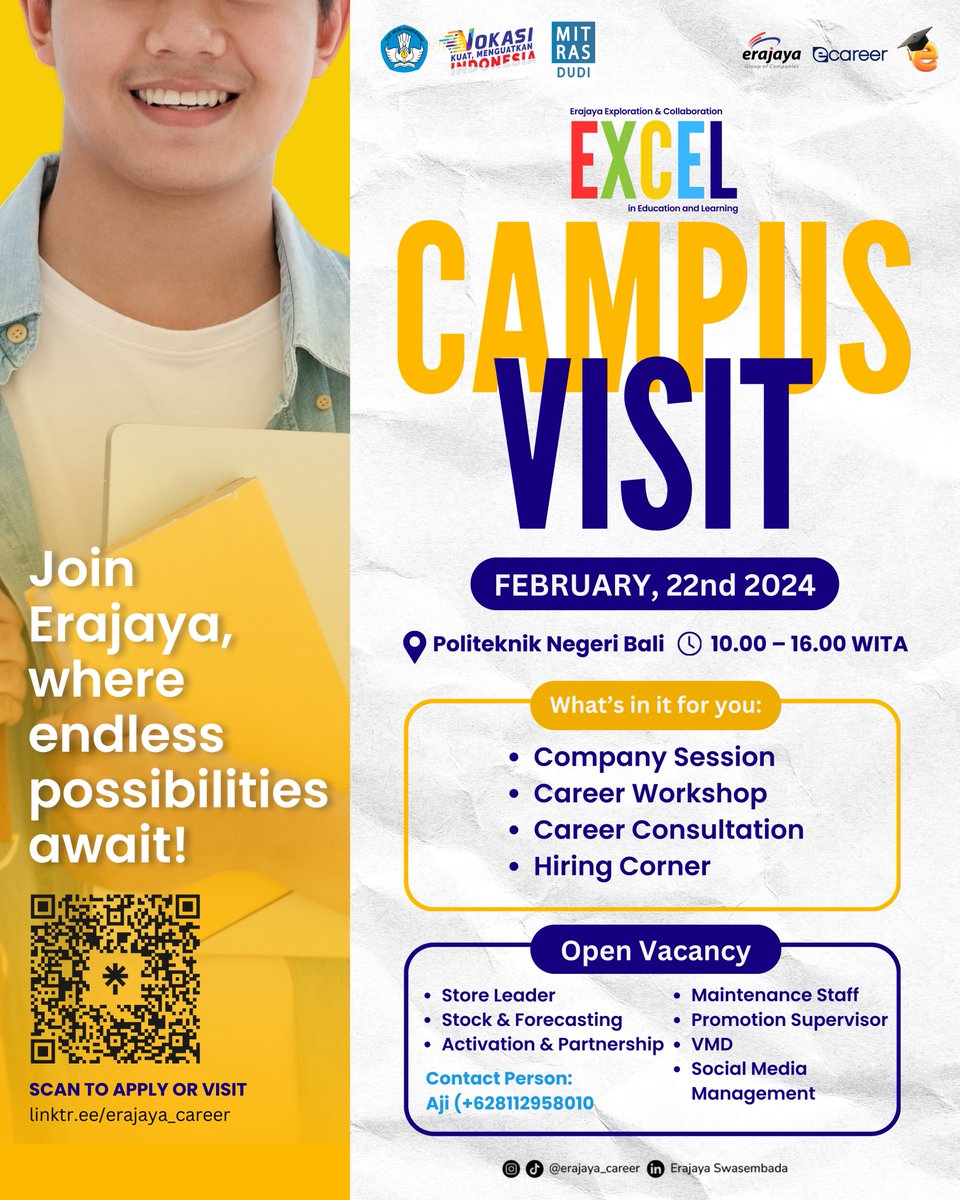 mitrasdudi's tweet photo. [Segera Hadir di Kota Bali!]✨

Jangan lewatkan kesempatan emas ini! Akan ada konsultasi karir dan berbagai explorasi bisnis Erajaya loh!  
Ikuti juga walk-in interview dan bersiaplah untuk mengukir kesuksesan bersama Erajaya! 💼🚀 #ErajayaEXCEL #VokasiBisa #MitrasDUDI https://t.co/Sjriit0vCf