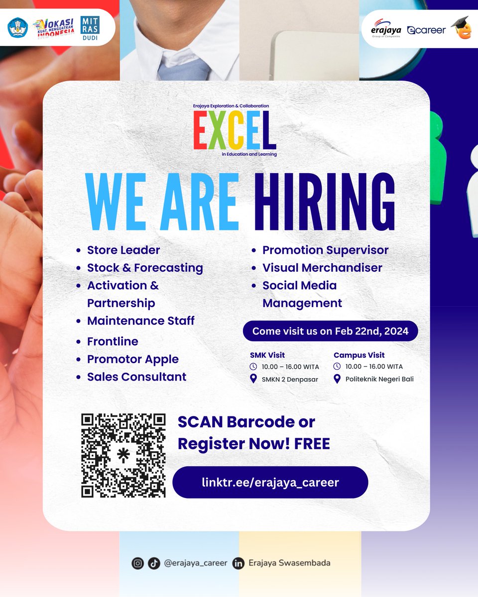 mitrasdudi's tweet photo. [Segera Hadir di Kota Bali!]✨

Jangan lewatkan kesempatan emas ini! Akan ada konsultasi karir dan berbagai explorasi bisnis Erajaya loh!  
Ikuti juga walk-in interview dan bersiaplah untuk mengukir kesuksesan bersama Erajaya! 💼🚀 #ErajayaEXCEL #VokasiBisa #MitrasDUDI https://t.co/Sjriit0vCf