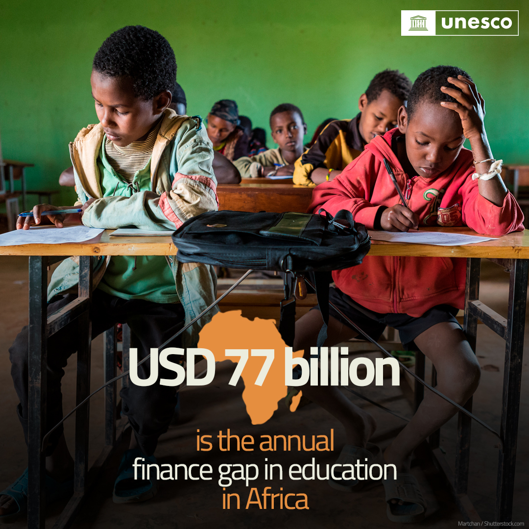 🔴 Education in Africa: there's an annual gap of $77B , with $28B for primary education.

Closing this gap is critical to ensure every child's #RightToEducation.

on.unesco.org/42JS76F #FundEducation #GEMReport