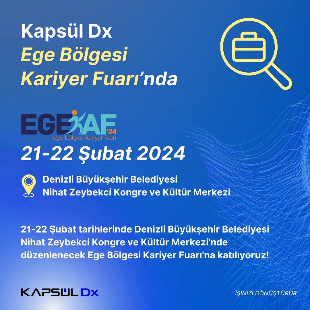 21-22 Şubat tarihlerinde Denizli Büyükşehir Belediyesi Nihat Zeybekci Kongre ve Kültür Merkezi'nde düzenlenecek Ege Bölgesi Kariyer Fuarı'na katılıyoruz! 🎓

Standımızda sizi bekliyor olacağız! 🌐

#KapsülDx #İşiniziDönüştürür #GeleceğinŞirketi #DijitalDönüşüm #YapayZeka #Kariyer