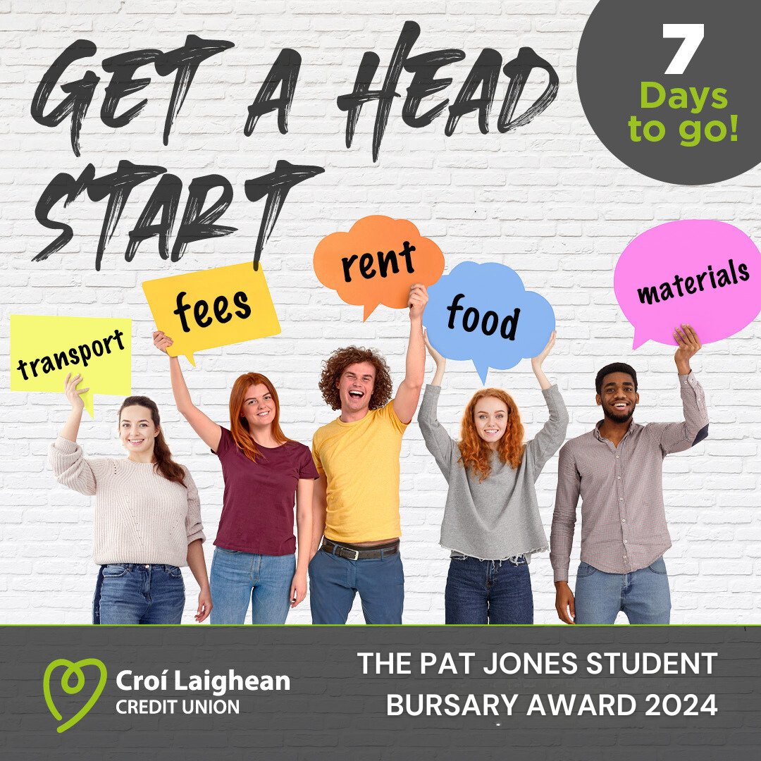 Only 1 week left to get your applications in for the 2023 Pat Jones Bursary.📚 Two lucky students will win €6,000 towards the cost of their third-level education, and the deadline for applications is Friday, 10 March 2023. Learn more bit.ly/3rd8uHQ