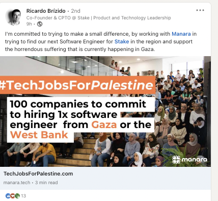 New commitment by @getstake start-up in #Dubai to hire a software engineer from Palestine. Together we can make a difference🙌 #TechJobsForPalestine 

Thank you Ricardo Brízido 🧡 
linkedin.com/posts/ricardob…