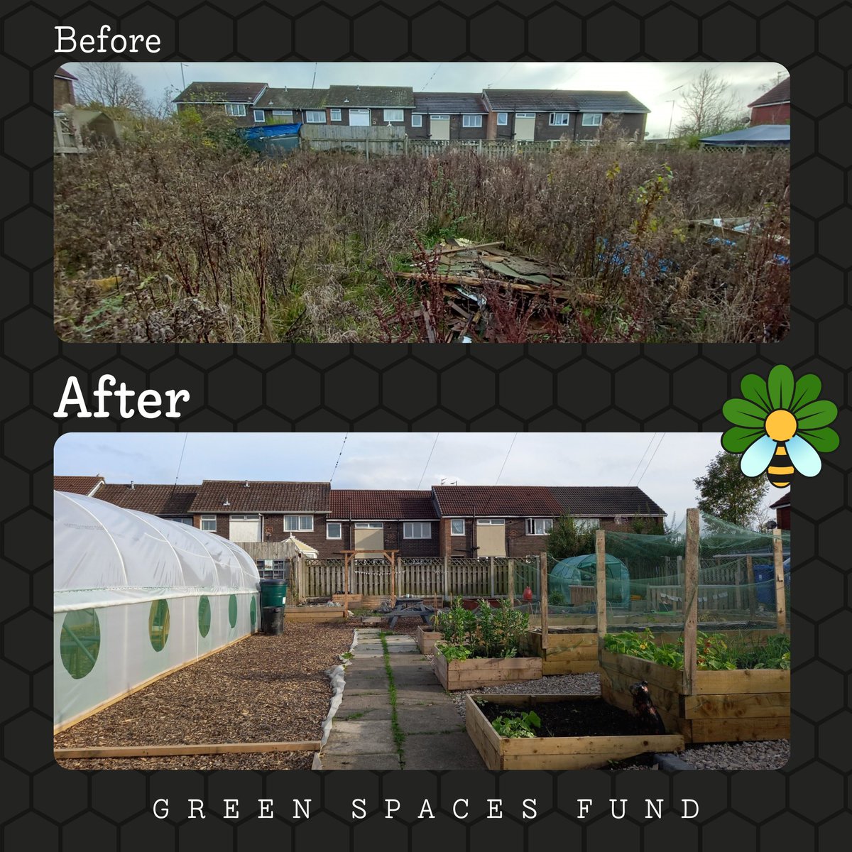 What a transformation! The Vitality Gardens project in @TamesideCouncil received funding from the Green Spaces Fund, allowing the local community change it from an abandoned, overgrown plot of land to an accessible green space for everyone 💚 #GMGreenCity #GreenSpacesFund