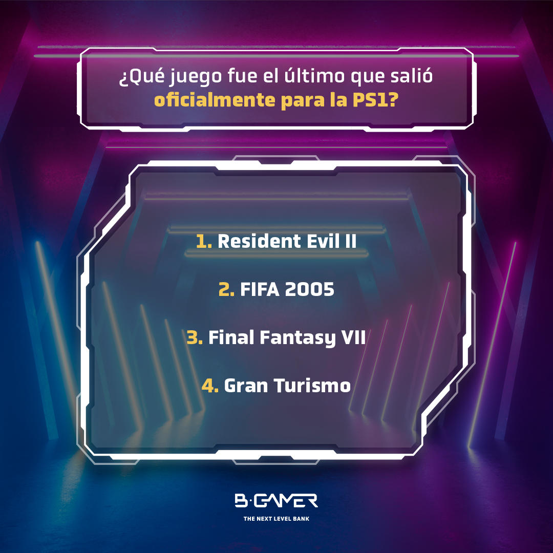 bgamer_es's tweet photo. Todo principio tiene un final, ¿qué juego fue el último que salió oficialmente para la PS1?

🟠​Resident Evil II
🟠​FiFa 2005
🟠​Final Fantasy VII
🟠​Gran Turismo https://t.co/EvQMHjb1T8