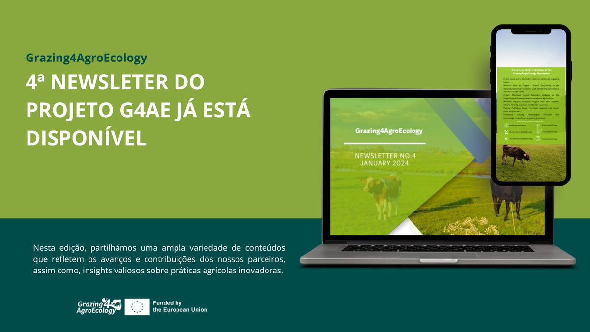 🚨✉️ A 4ª Newsletter do projeto Horizonte Europa Grazing4Agroecology, do qual a #CONSULAI é parceira, já está disponível! Nesta edição, o projeto partilha uma ampla variedade de conteúdos que refletem os avanços e contribuições dos seus parceiros: buff.ly/3ULa96H